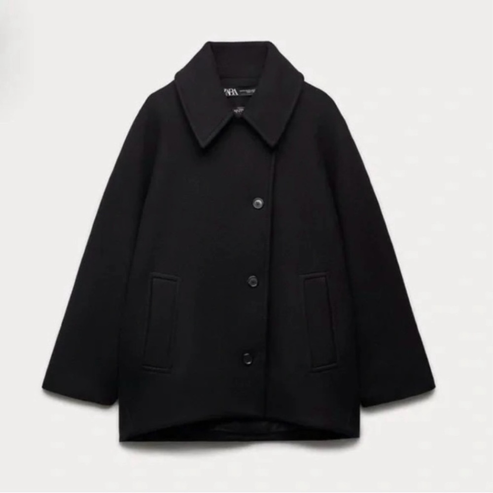 Zara Manteco Wool Cropped Oversized Black Coat, XS